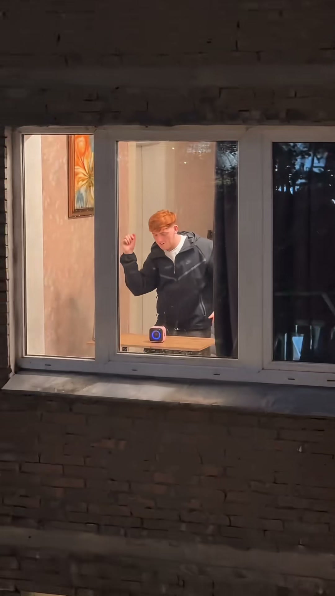 A dancer inside a lit room, seen from outside the window